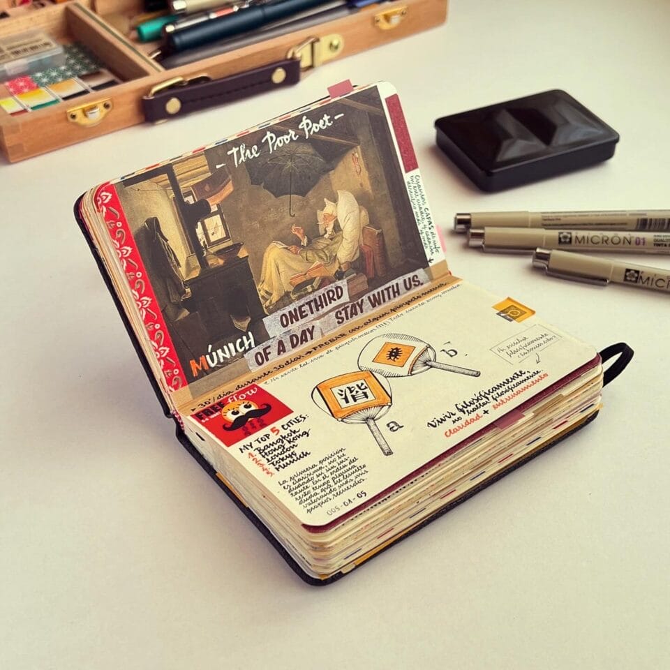 a small sketchbook with elaborately designed travel notes and drawings, on a table with artmaking tools like pens and ink