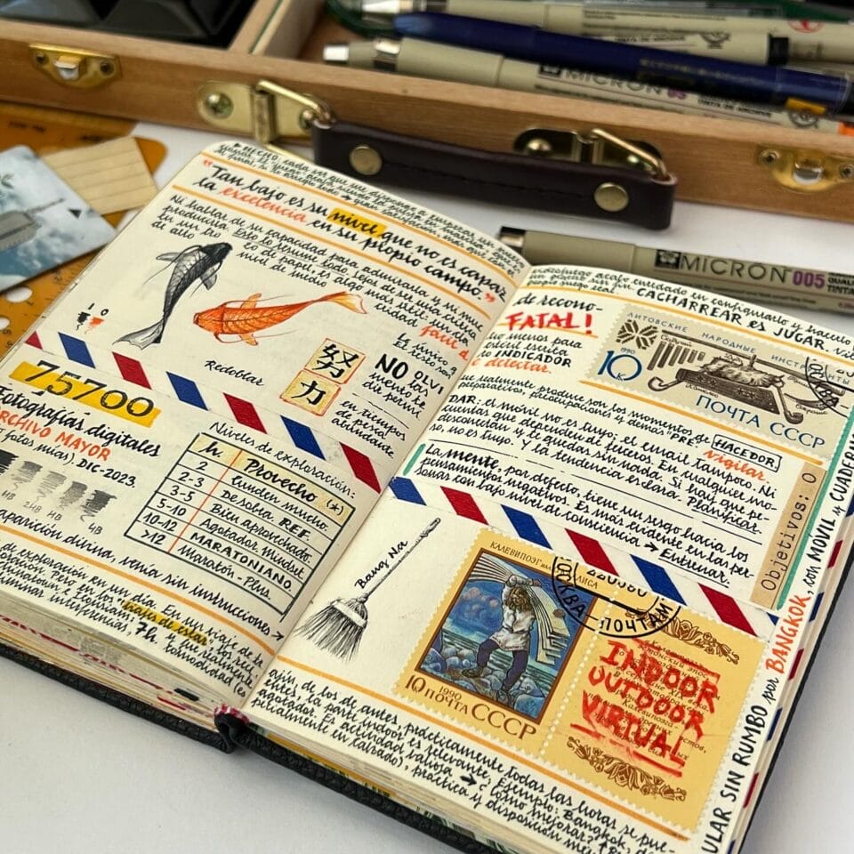 a small sketchbook with elaborately designed travel notes and drawings